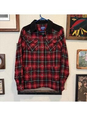 Vintage 80s Womens Pendleton Virgin Wool Black & Red Shirt Jacket Corduroy Large